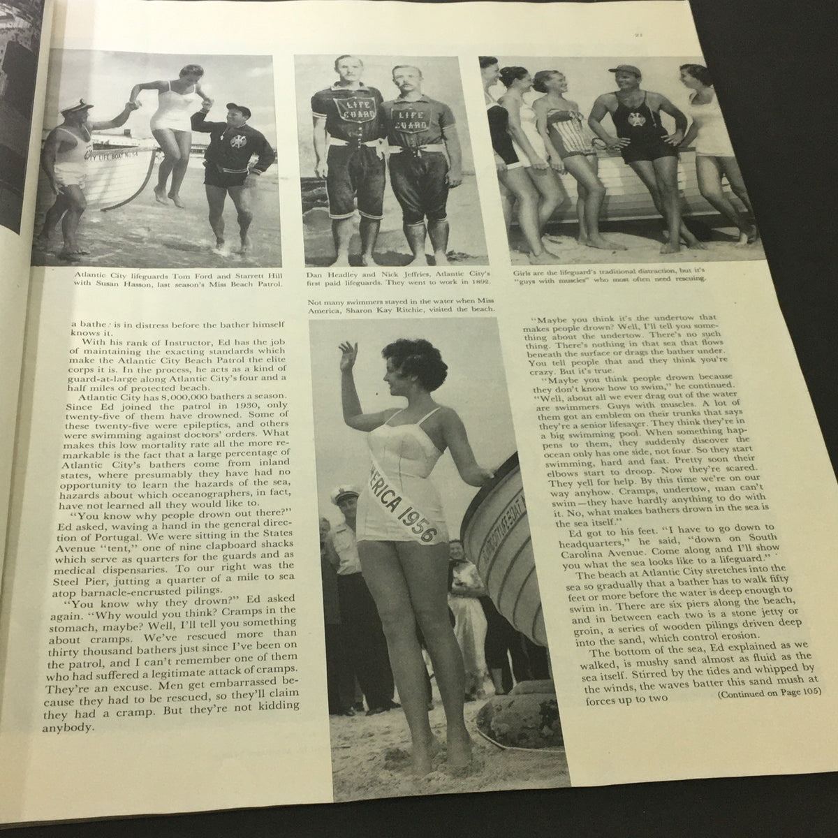 Image from VTG The Saturday Evening Post June 23 1956 featuring lifeguards and beachgoers, illustrating cultural dynamics at an East Coast resort in the 1950s.