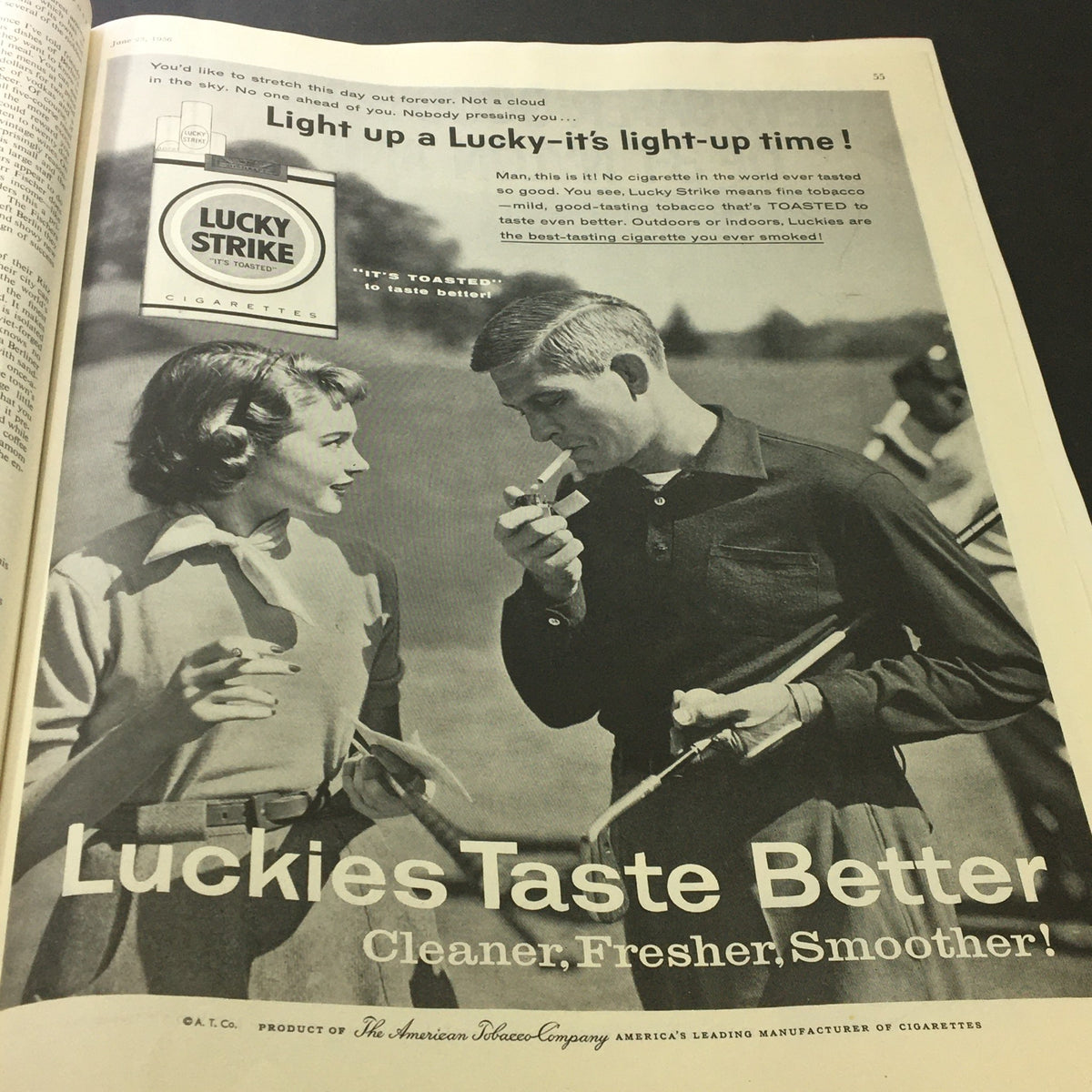 Image from VTG The Saturday Evening Post June 23 1956 featuring a vintage advertisement for Lucky Strike cigarettes, highlighting the advertising style of the 1950s.