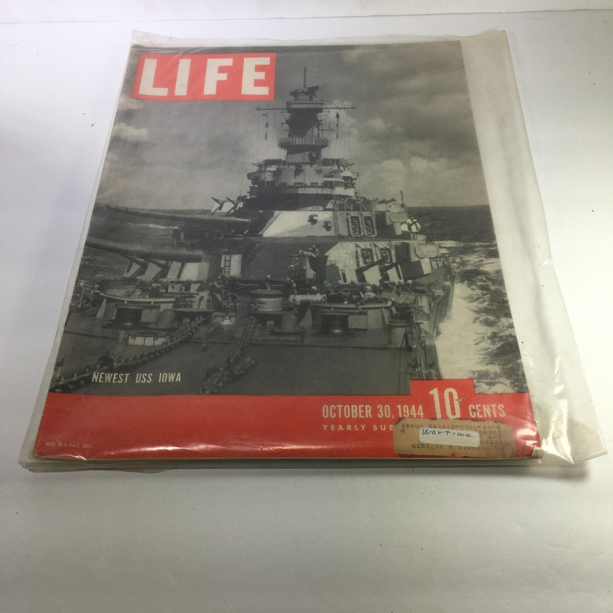 Life Magazine cover from October 30, 1944, featuring the Newest USS Iowa, showcasing the battleship at sea, ideal for collectors and history enthusiasts.