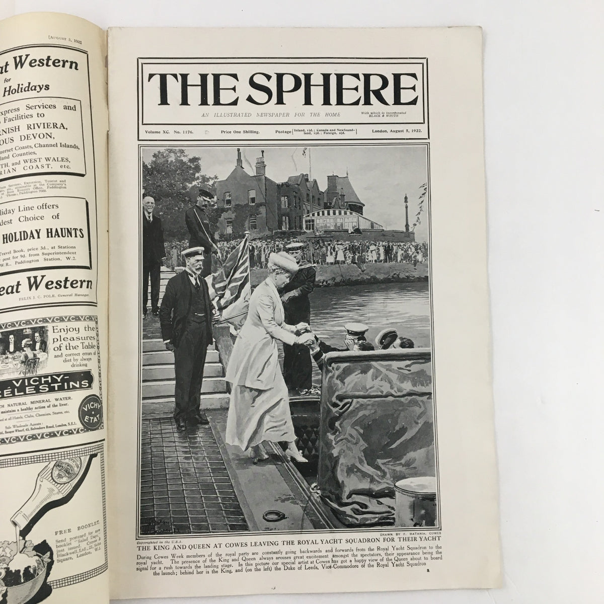 The Sphere Newspaper August 5, 1922 featuring The King and Queen at Cowes leaving their yacht, showcasing a historical moment with elegant maritime setting.