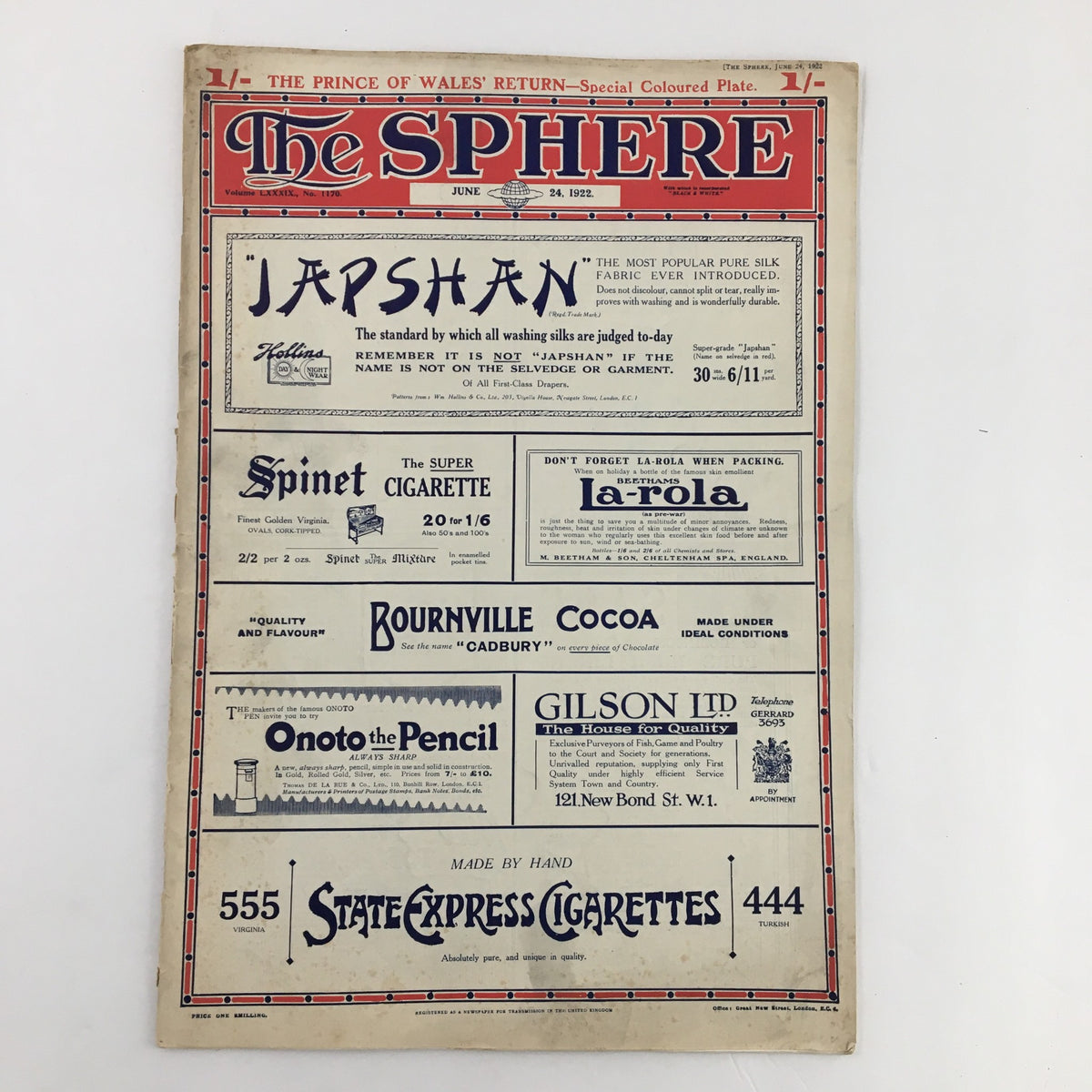 The Sphere Newspaper June 24 1922 with an advertisement section, showcasing products like JAPSHAN and Gilson Ltd cigarettes, reflecting the print's commercial appeal.