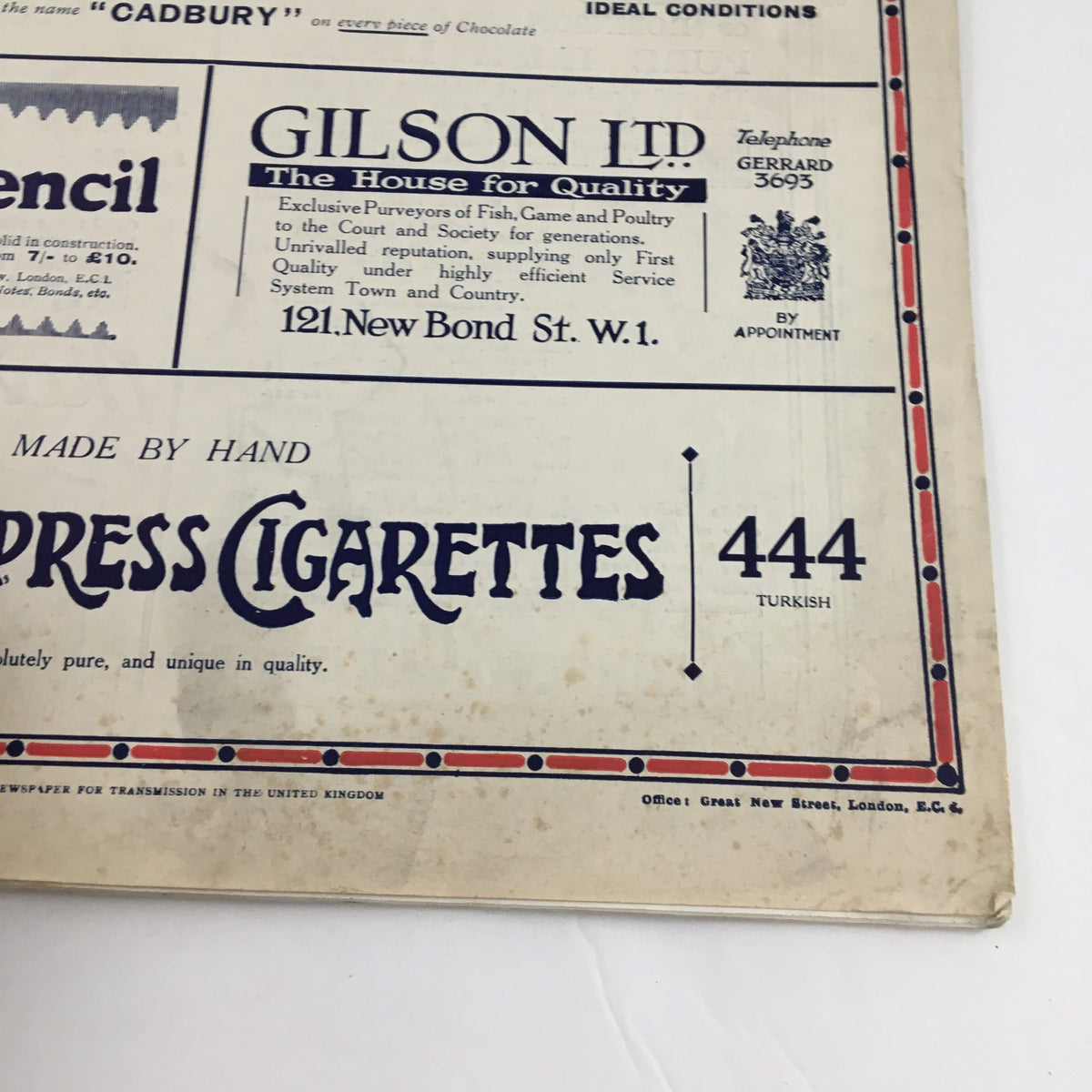Close-up view of an advertisement in The Sphere Newspaper June 24 1922 for Gilson Cigarettes, illustrating early 20th-century marketing styles.