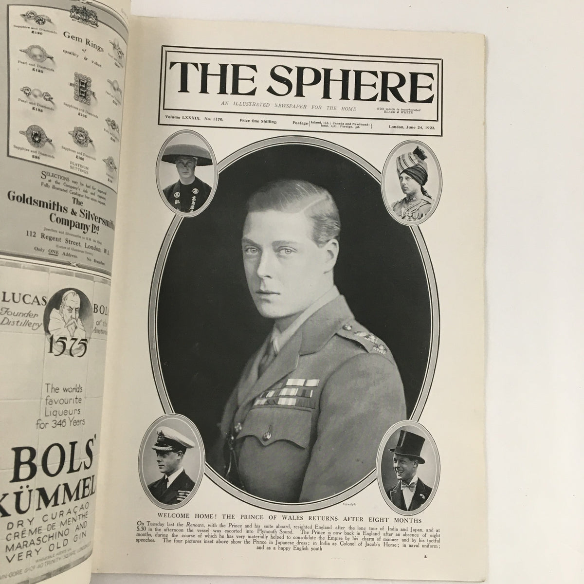 The Sphere Newspaper June 24 1922 featuring a portrait of The Prince of Wales, highlighting his return after eight months, surrounded by historical context.
