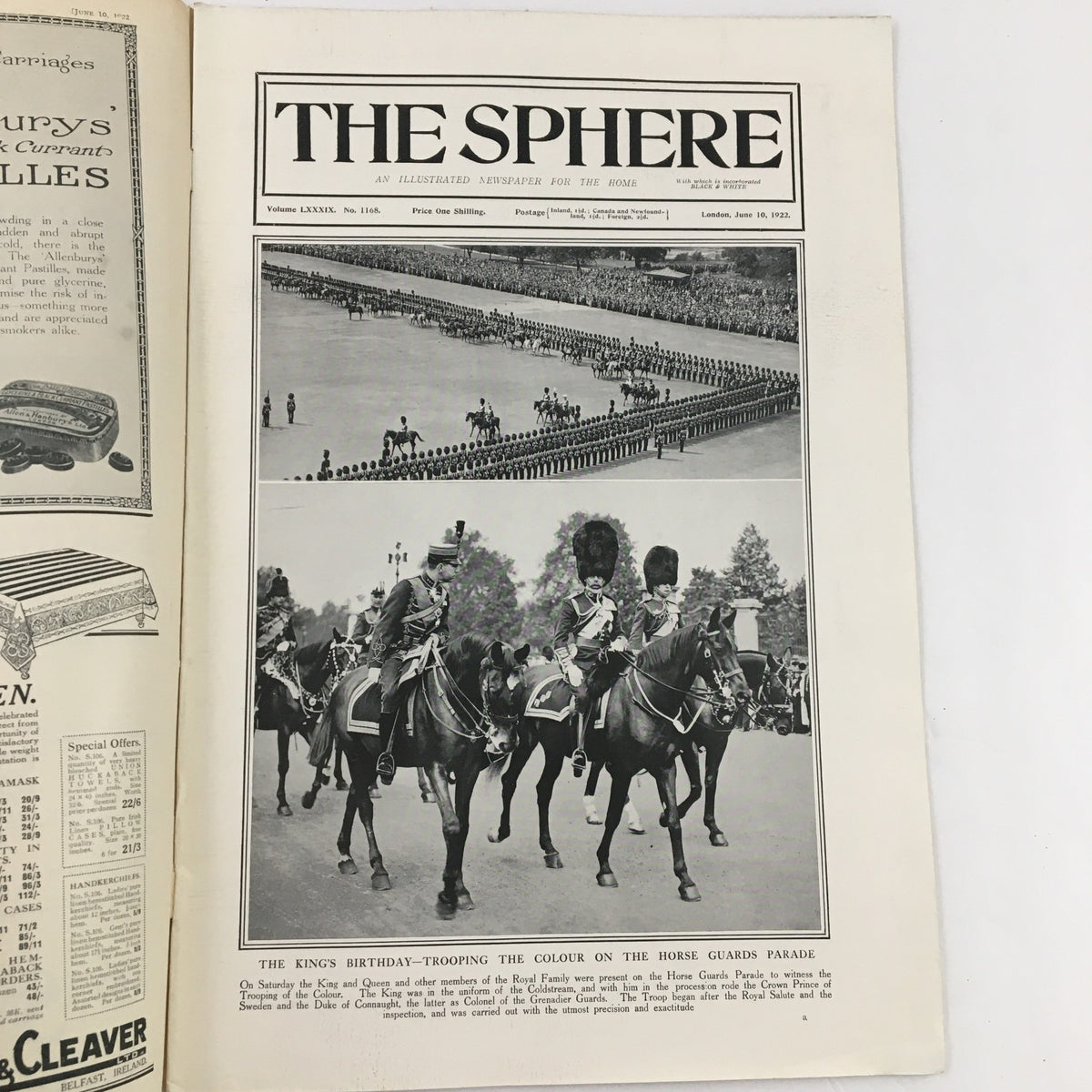 The Sphere Newspaper June 10 1922 featuring The King's Birthday celebration, showcasing a parade with mounted soldiers and the Horse Guards Palace in the background.