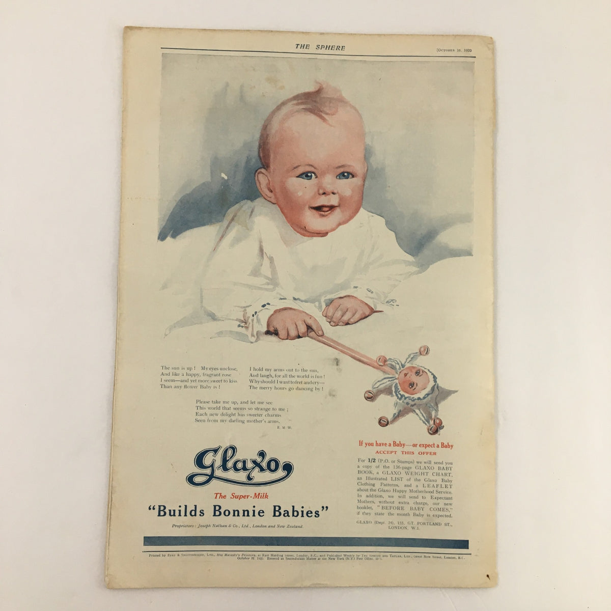 The Sphere Newspaper October 16 1920 featuring an advertisement for Glaxo Super Milk, showcasing a happy baby with a playful teddy bear, emphasizing the tagline 'Builds Bonnie Babies'.