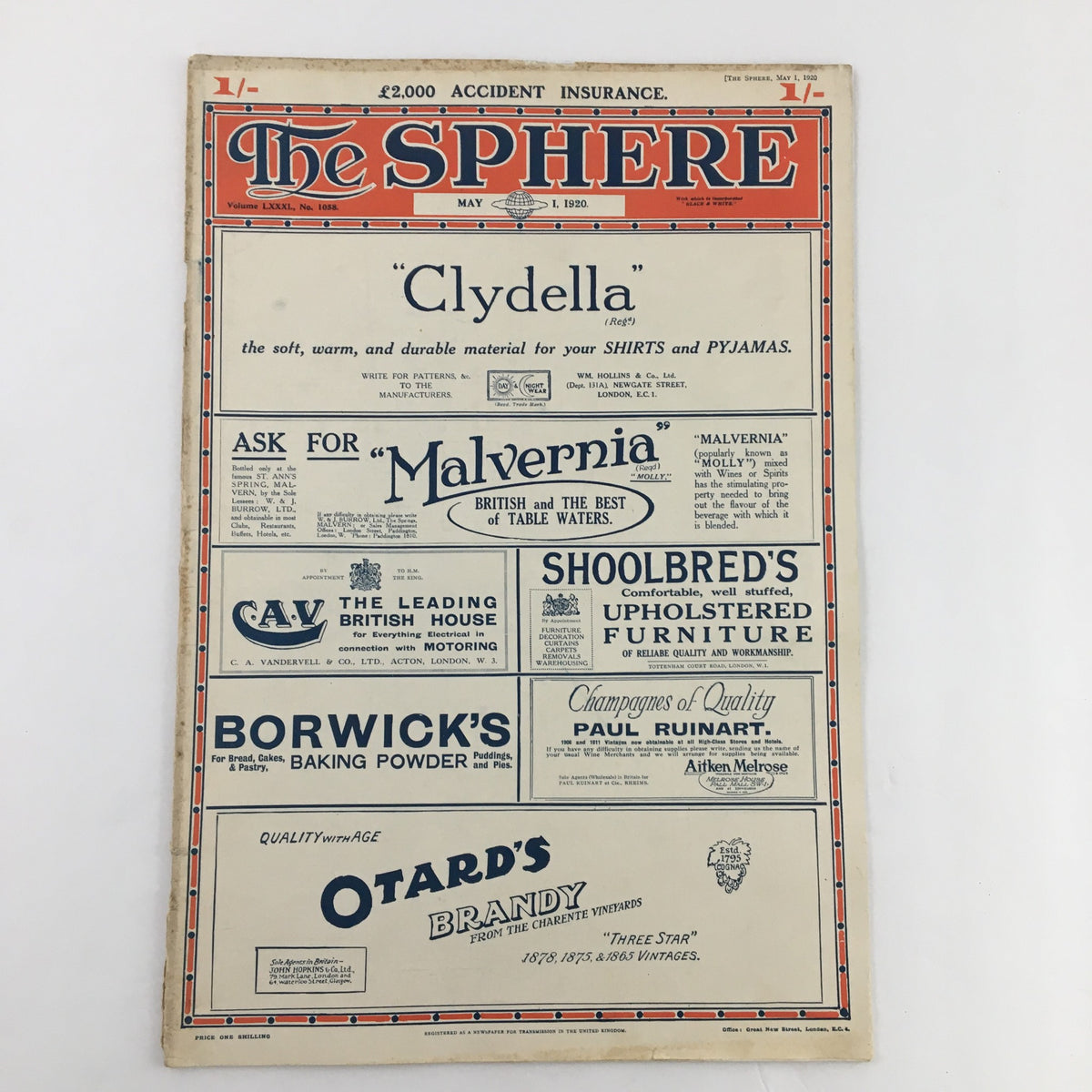 The Sphere Newspaper May 1, 1920, featuring the front cover showcasing advertisements and headlines from the era.