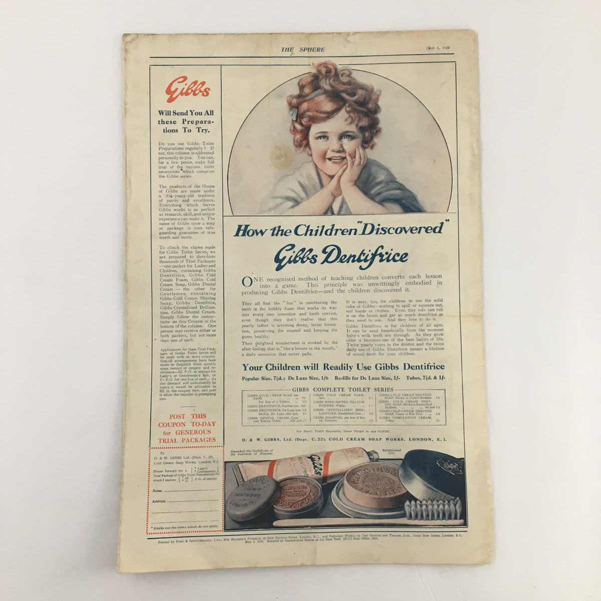 Sphere Newspaper cover from May 1, 1920 featuring an advertisement for Gibbs Dentifrice and a portrait of a young girl, reflecting historical advertising trends and design aesthetics of the early 20th century.