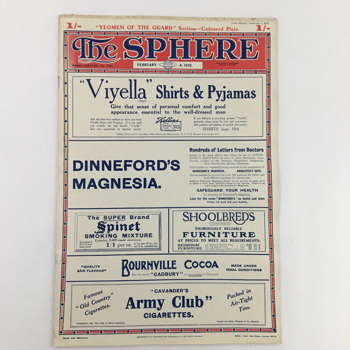 The Sphere Newspaper February 4, 1922, showcasing the front cover with advertisements for Vyella shirts, Dinneford's Magnesia, and Bournville Cocoa.
