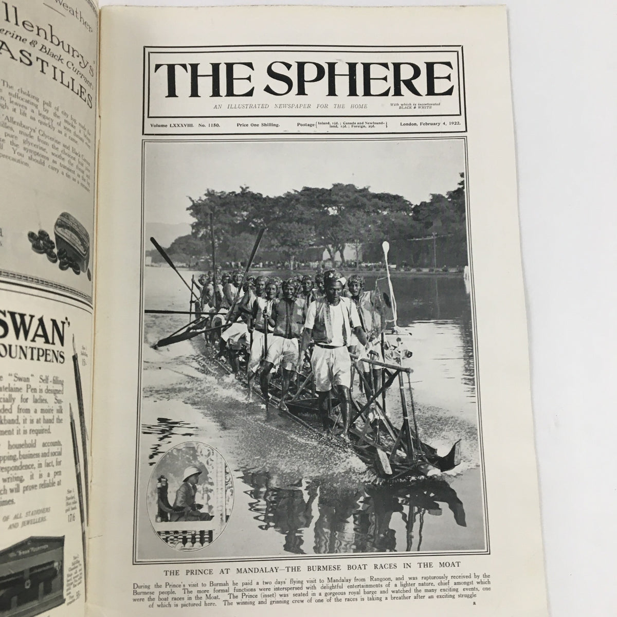 The Sphere Newspaper February 4, 1922, featuring an image of The Prince at Mandalay navigating a Burmese boat with a crew, showcasing historical British presence in Burma.