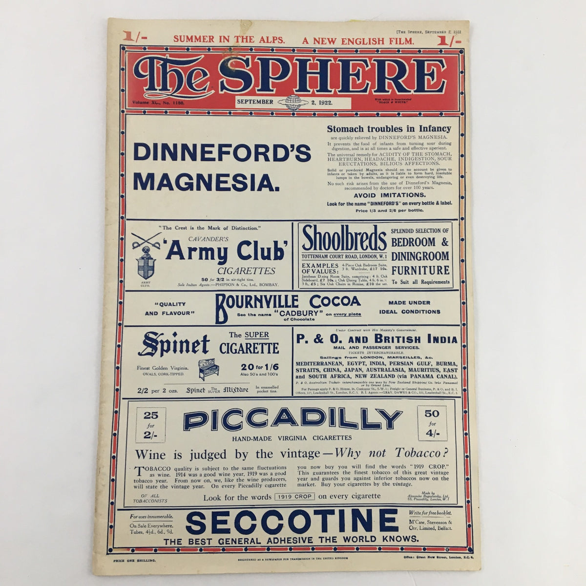 The Sphere Newspaper September 2, 1922 featuring advertisements and articles from early 20th century journalism.