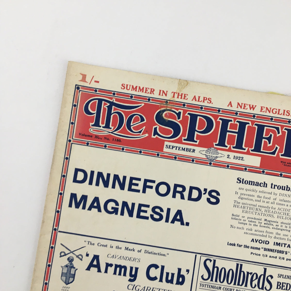 Close-up of The Sphere Newspaper September 2, 1922 highlighting the Dinneford's Magnesia advertisement.