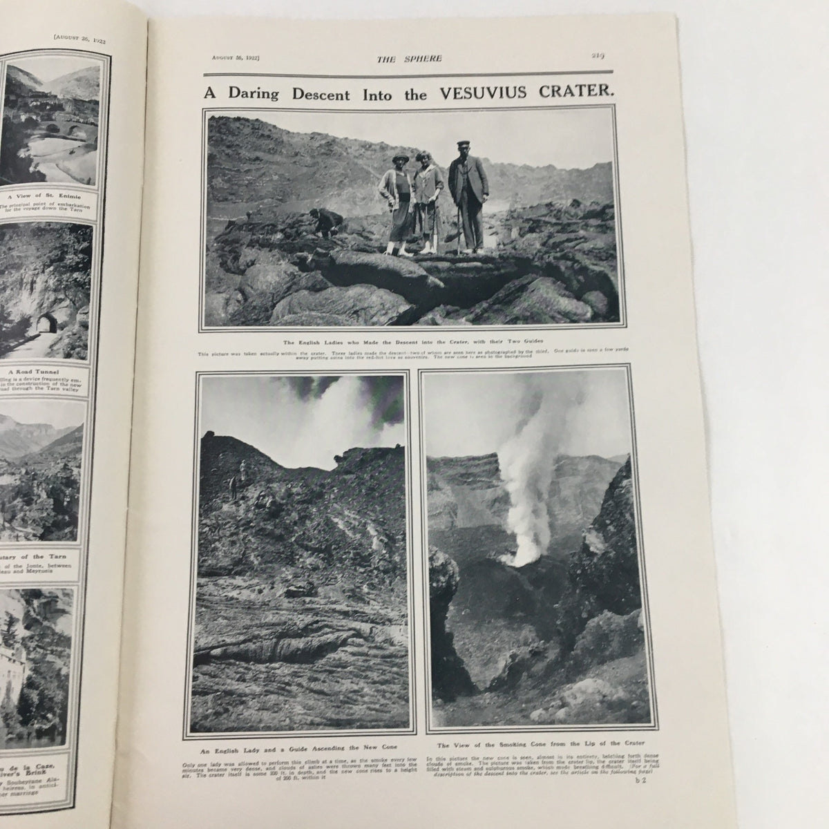 Interior page of The Sphere Newspaper showcasing a featured article titled 'A Daring Descent Into the Vesuvius Crater' dated August 1912.