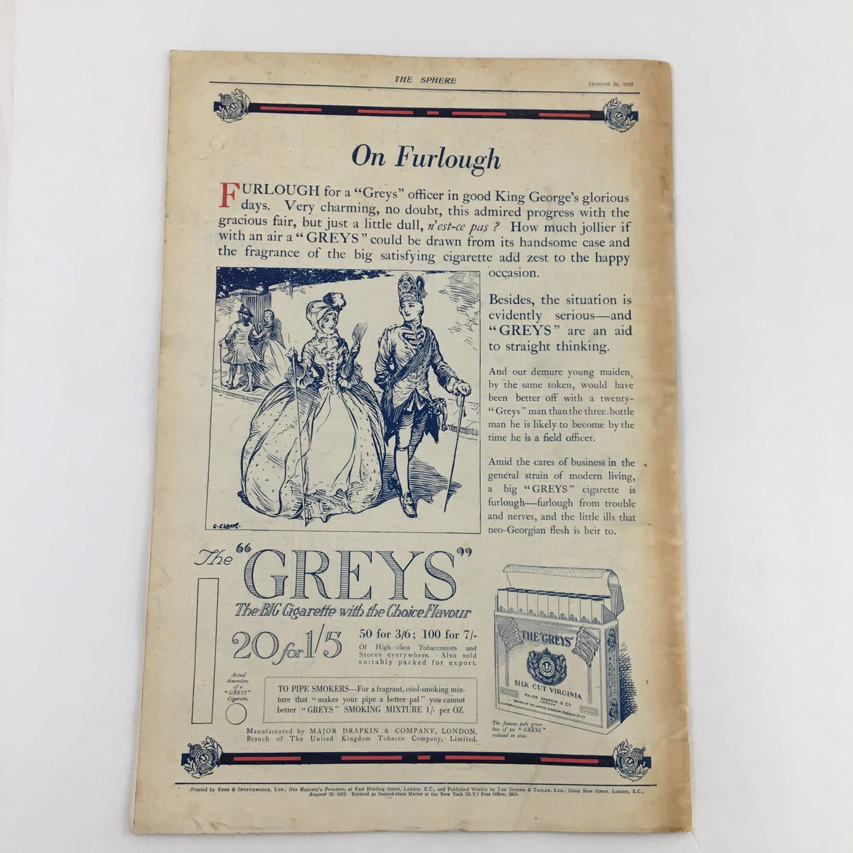 Back cover of The Sphere Newspaper with an advertisement titled 'On Furlough', showcasing vintage illustrations, dated August 1912.