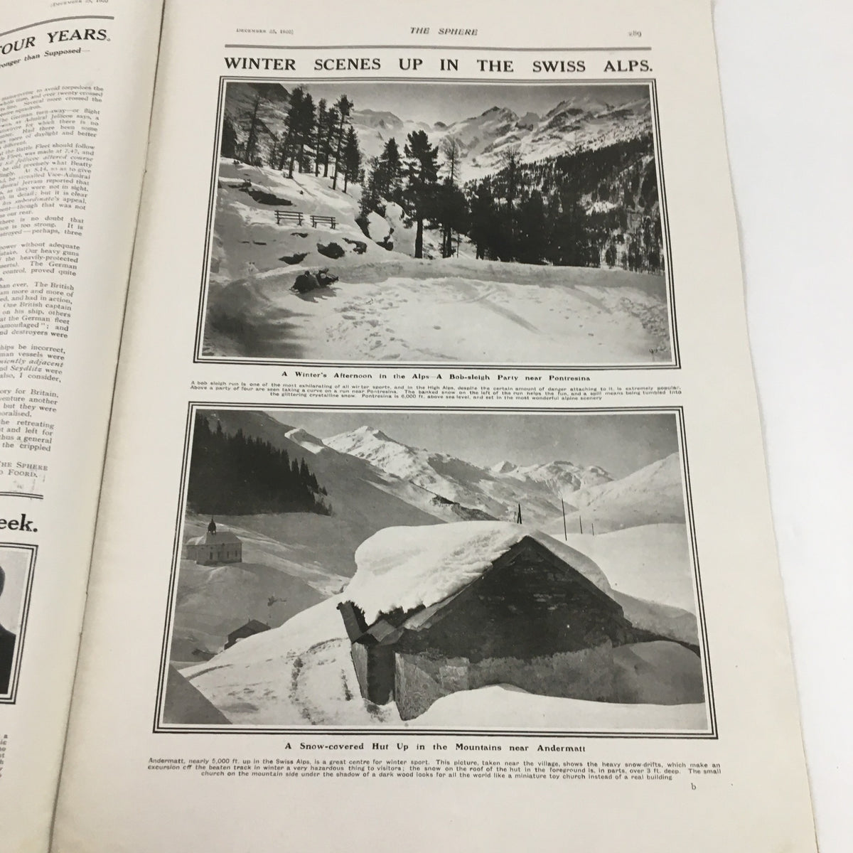 The Sphere Newspaper December 25 1920 displaying winter scenes in the Swiss Alps with snowy landscapes and mountain views.