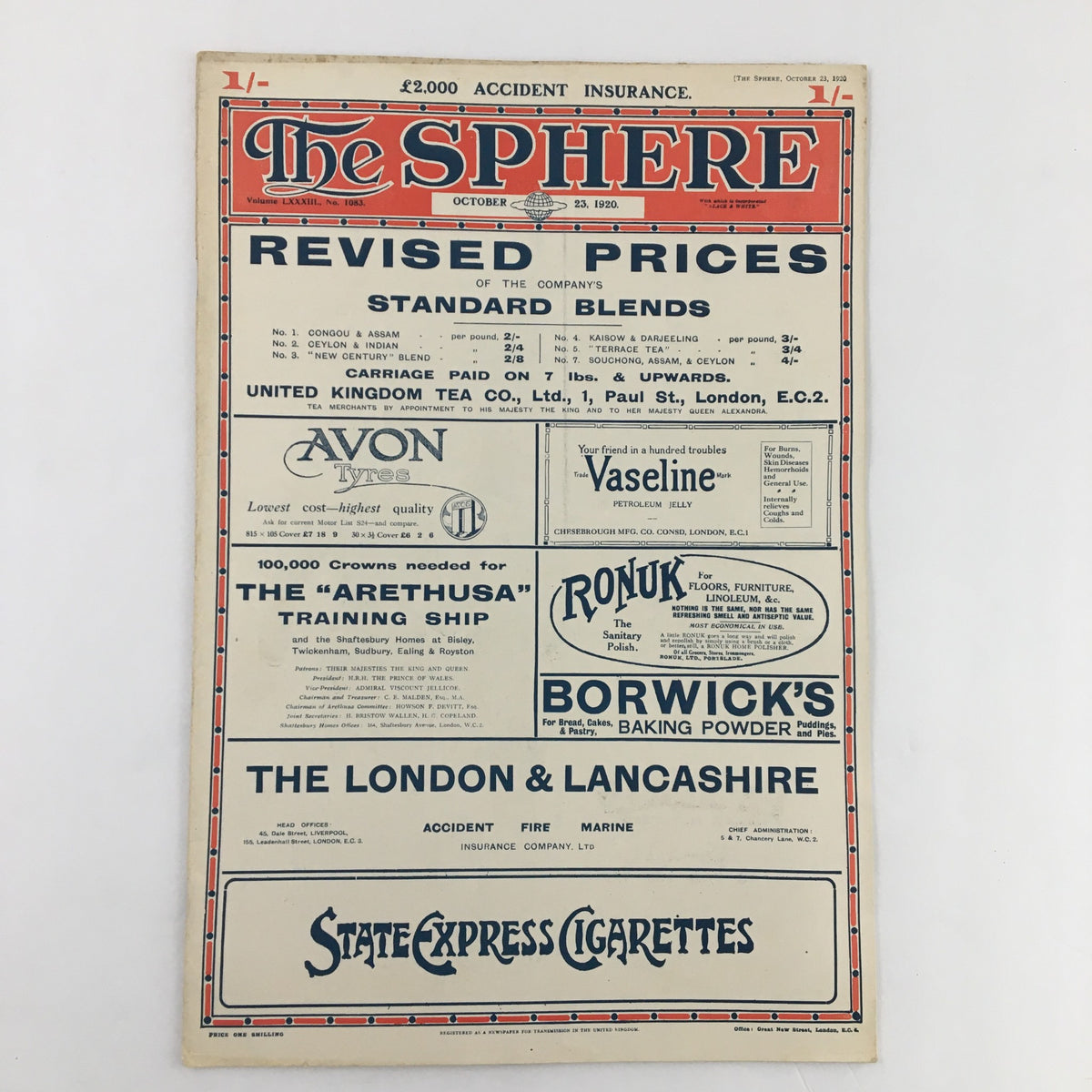 The Sphere Newspaper October 23, 1920, displaying the cover with revised prices and advertisements alongside a historical context.