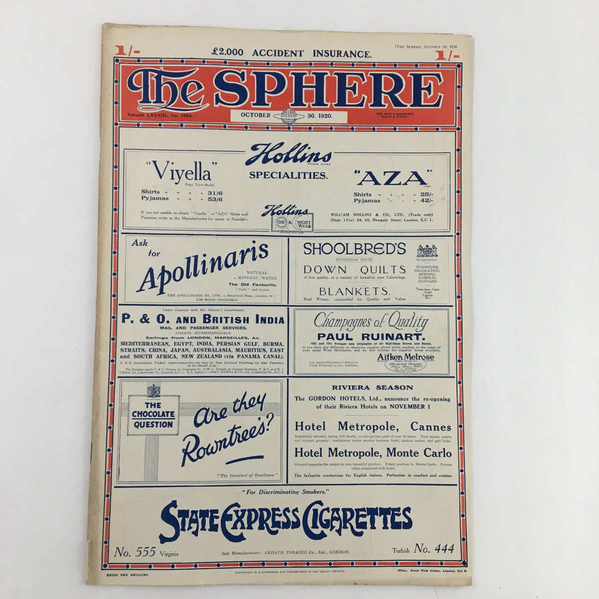 The Sphere Newspaper October 30 1920 showcasing an advertisement-filled front cover with the publication's name prominently displayed.
