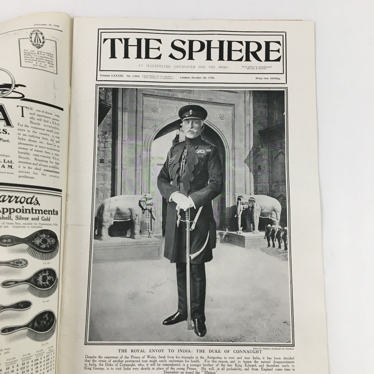 The Sphere Newspaper October 30 1920 featuring a portrait of the Royal Envoy to India, the Duke of Connaught, standing in front of elephants.