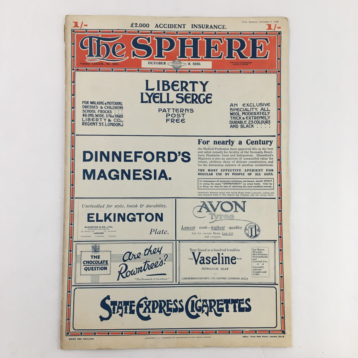 The Sphere Newspaper October 9, 1920 displaying the front page with advertisements, showcasing its vintage design and historical context.