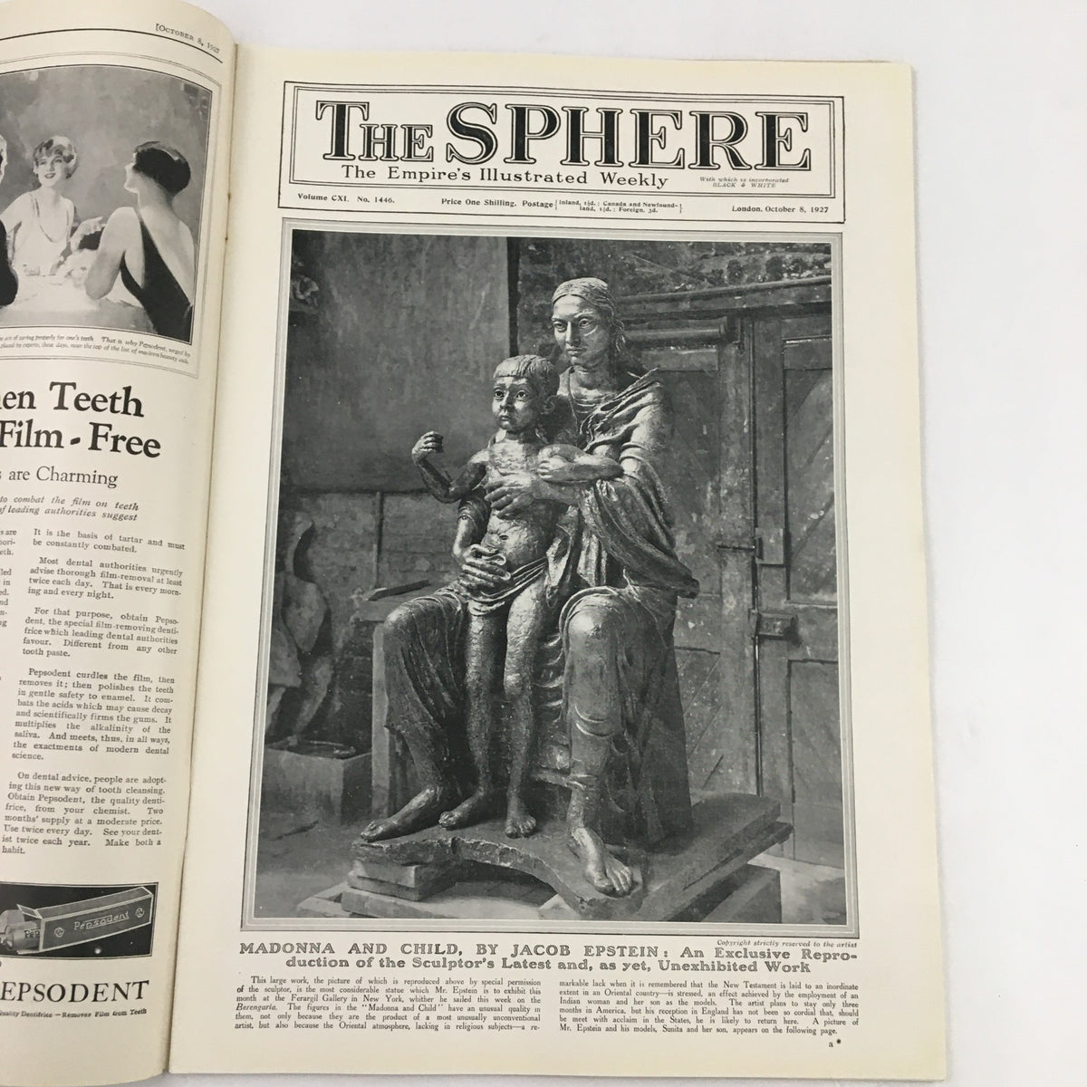 The Sphere Newspaper October 8, 1927 featuring Madonna and Child by Jacob Epstein, showcasing the artwork within the publication.