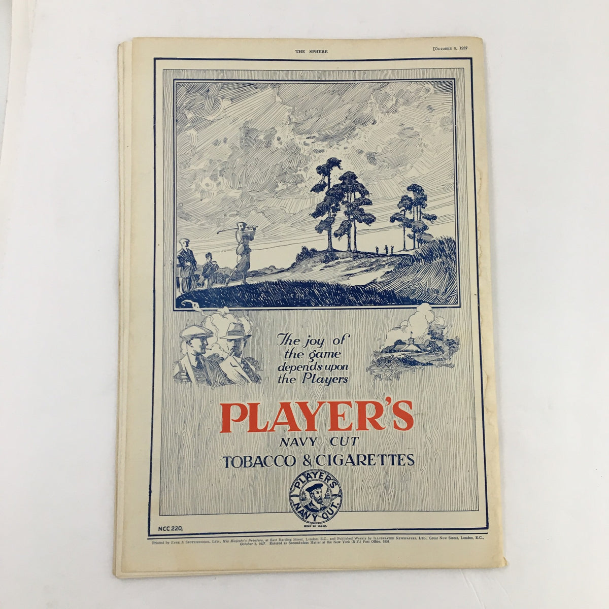 The Sphere Newspaper October 8, 1927 back cover featuring Player's Navy Cut tobacco and cigarettes advertisement, illustrating vintage tobacco marketing.