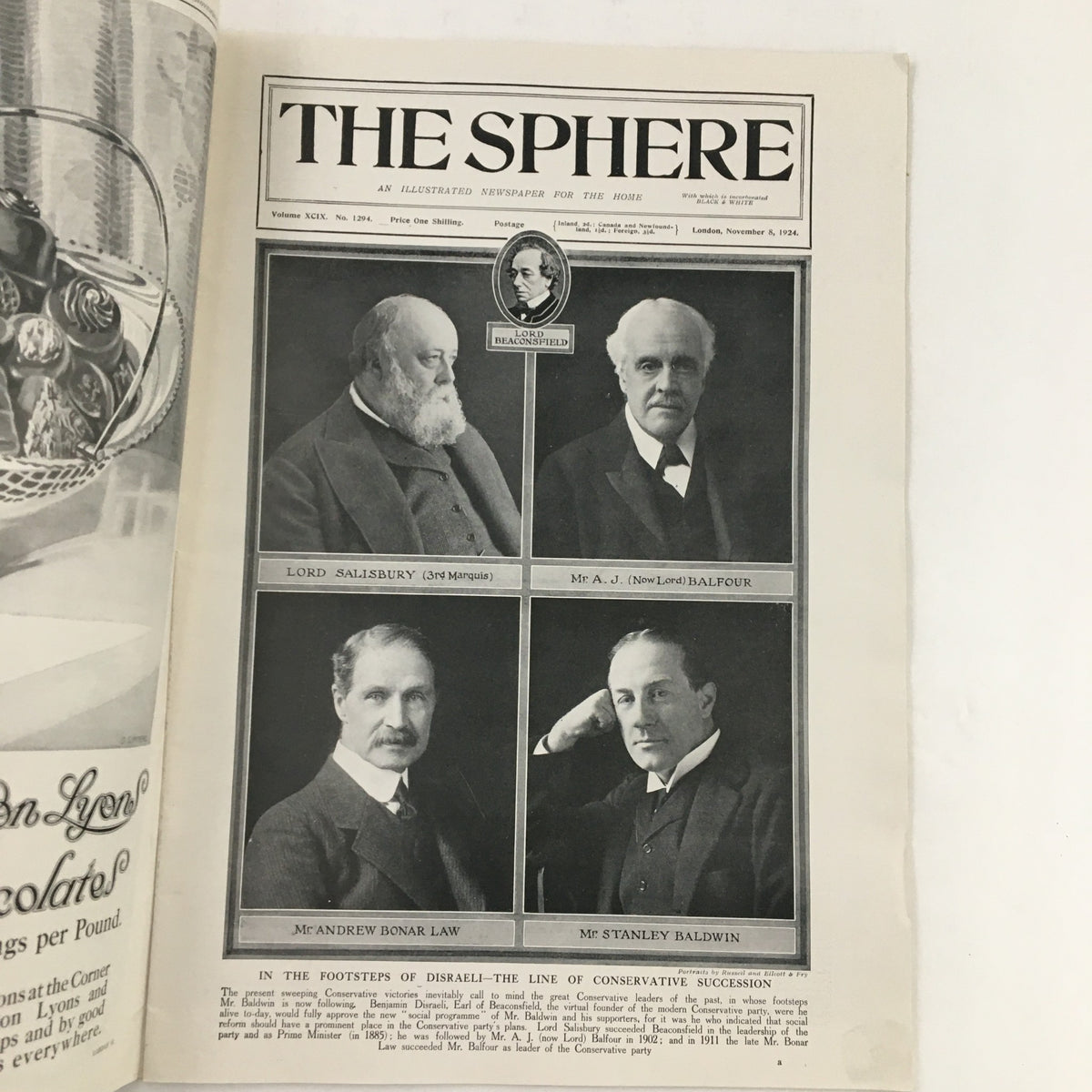 The Sphere Newspaper November 8 1924 featuring prominent political figures including Lord Balfour, Mr. A.J. Balfour, McAndrew Bonar Law, and Mr. Stanley Baldwin.