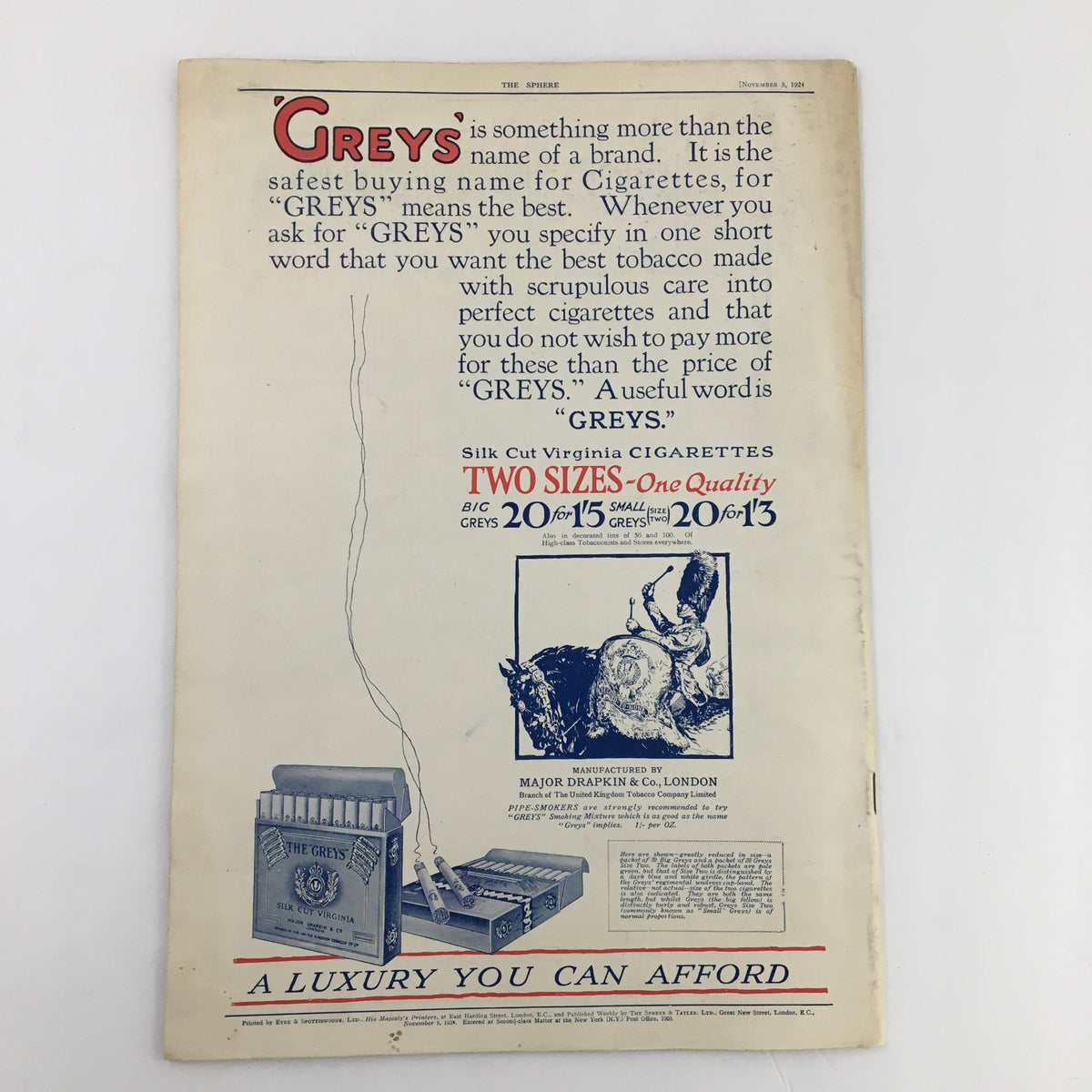 The Sphere Newspaper November 8 1924 - Reverse side featuring a vintage advertisement for Greys Cigarettes, highlighting their quality and luxury. Ideal for collectors of historical print media.