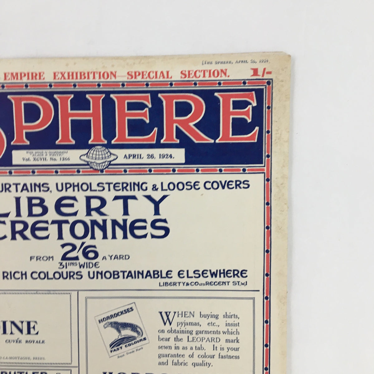 Close-up of The Sphere Newspaper April 26 1924 cover details highlighting Liberty Cretone fabric designs and pricing information.