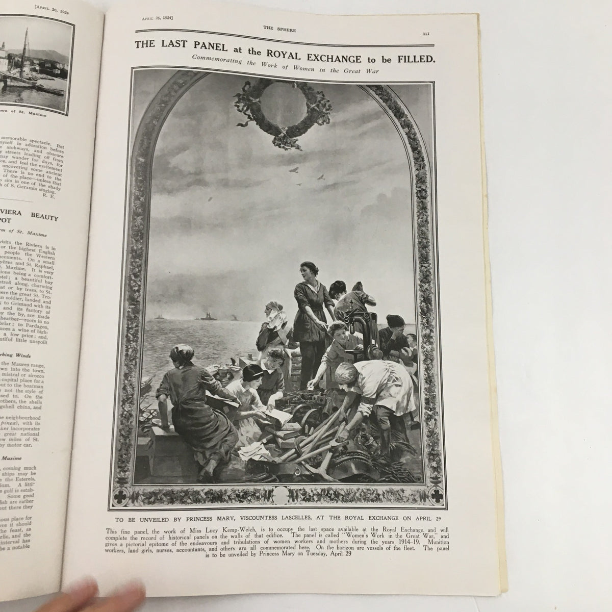 Inside page of The Sphere Newspaper April 26 1924 featuring a significant artistic representation commemorating an event at the Royal Exchange.