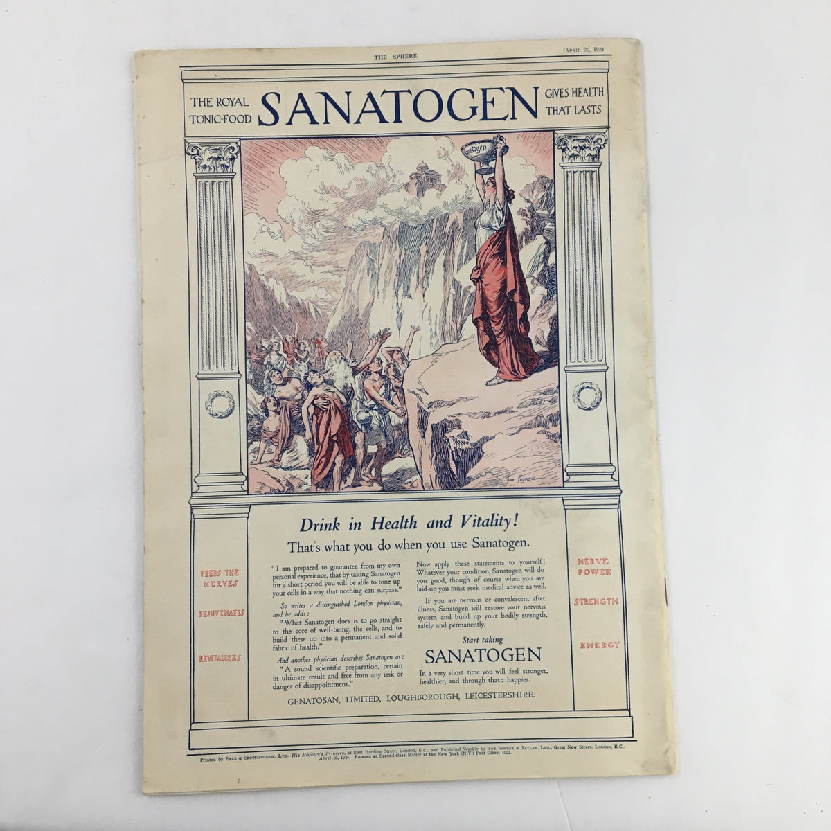 The Sphere Newspaper from April 26, 1924, featuring a cover story on The King and Queen at the Wembley Empire Exhibition, showcasing historic royal engagements and vibrant illustrations related to British culture.