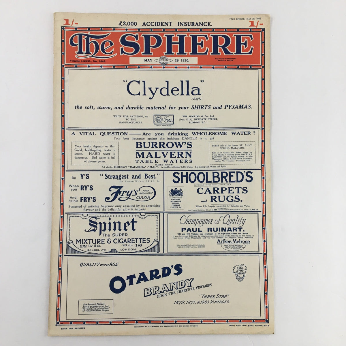 The Sphere Newspaper from May 29, 1920, featuring the back cover with advertisements, showcasing 'Clydella' and other products, part of a vintage publication.