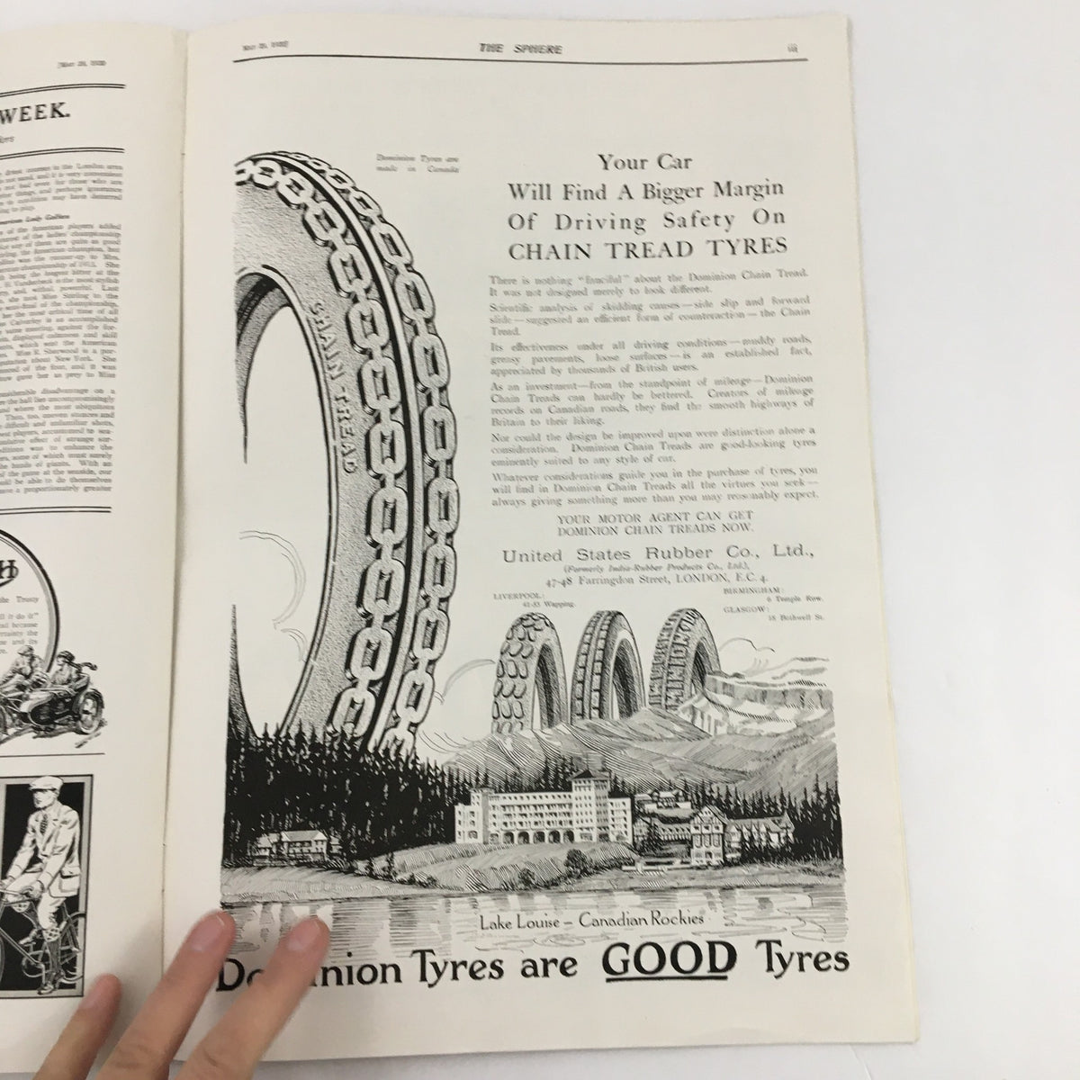 The Sphere Newspaper May 29 1920 The Children's Procession Passing Manchester - Advertisement for chain tread tires with scenic backdrop of Lake Louise, Canadian Rockies.