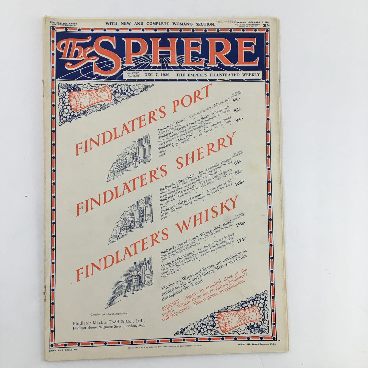 Another cover of The Sphere Newspaper from December 7, 1929, showcasing an advertisement for Findlater's Port, Sherry, and Whisky, illustrating the publication's vintage appeal.