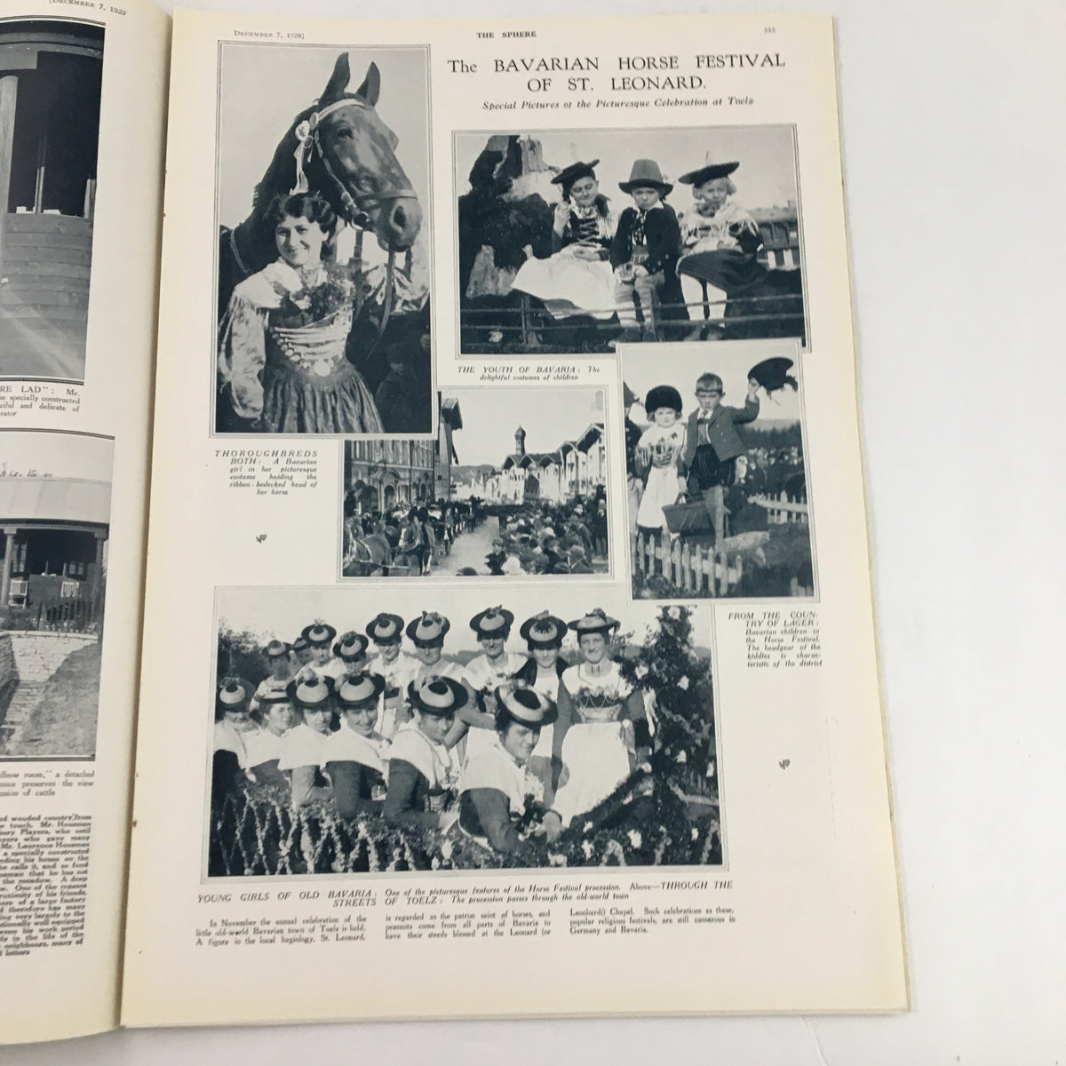 A page from The Sphere Newspaper dated December 7, 1929, featuring images of the Bavarian Horse Festival of St. Leonard, capturing festive moments and traditional attire.