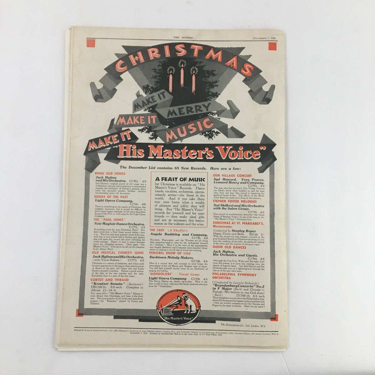 An advertisement page from The Sphere Newspaper, December 7, 1929, promoting music and cultural events under the title 'Make It Merry, Make It Music'.