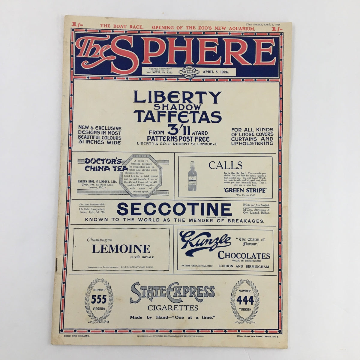 The Sphere Newspaper April 5, 1924 showcasing the front page advertisement section, highlighting various products and services with a focus on Liberty Shadow Taffetas.