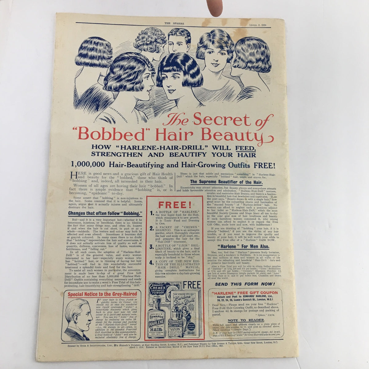 The Sphere Newspaper April 5, 1924 featuring an advertisement titled 'The Secret of Bobbed Hair Beauty' showcasing various hairstyles along with promotional details for 'Harlene-Hair-Drill' products.