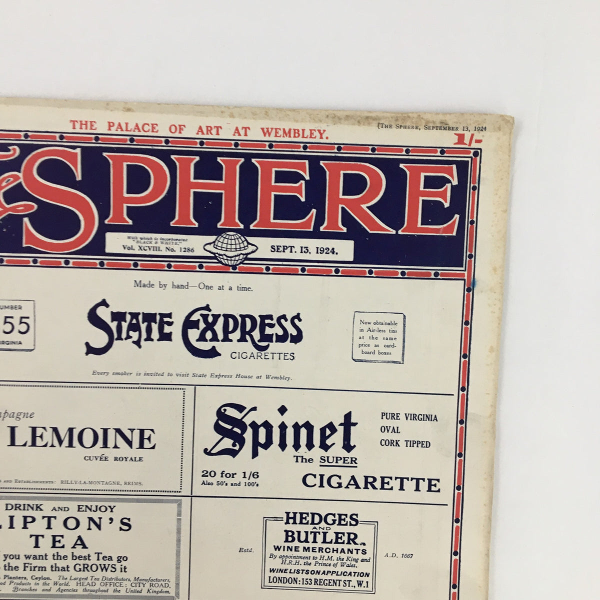Close-up of the front page of The Sphere Newspaper, September 13, 1924, highlighting vintage advertisements and the newspaper's detailed layout.