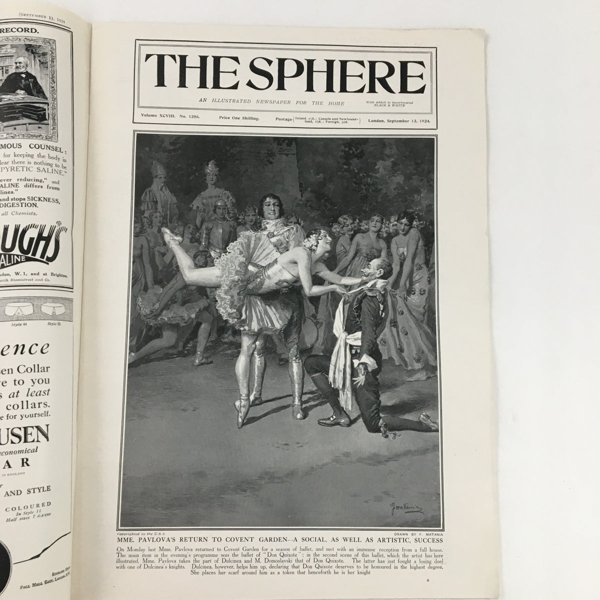 Cover of The Sphere Newspaper from September 13, 1924, featuring MME. Pavlova's Return to Covent Garden, depicting an elegant ballet performance.