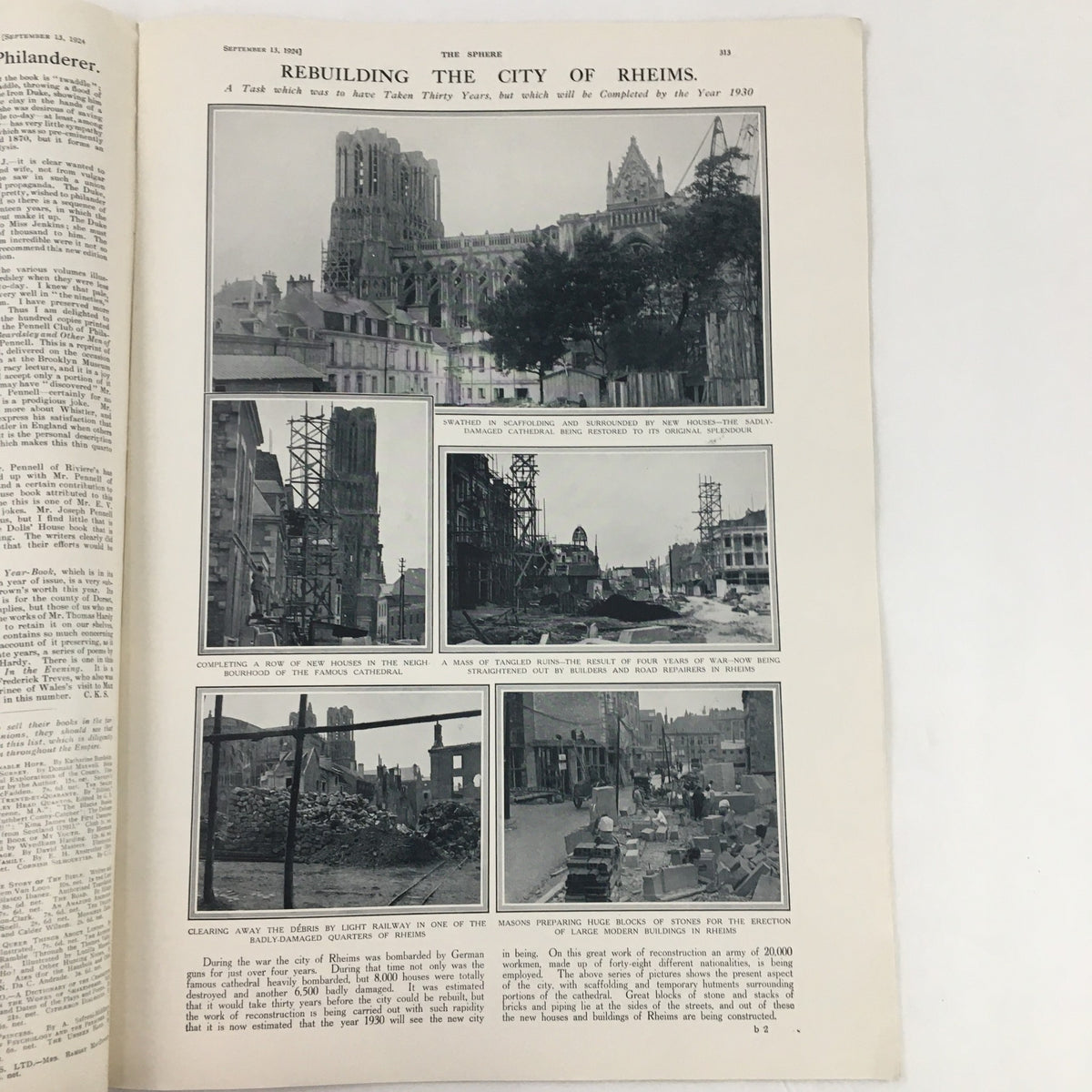 Interior page of The Sphere Newspaper from September 13, 1924, showcasing an article about the reconstruction of the city of Rheims, with accompanying photographs.