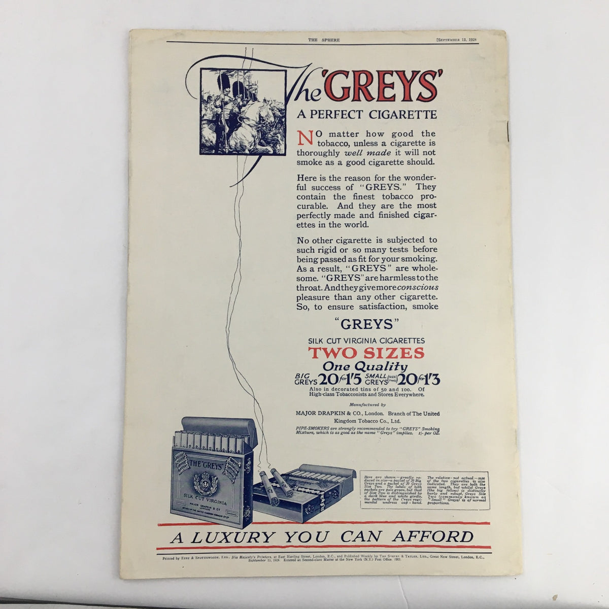 Advertisement from The Sphere Newspaper September 13, 1924, promoting 'The Greys' perfect cigarette, highlighting product quality and luxury.
