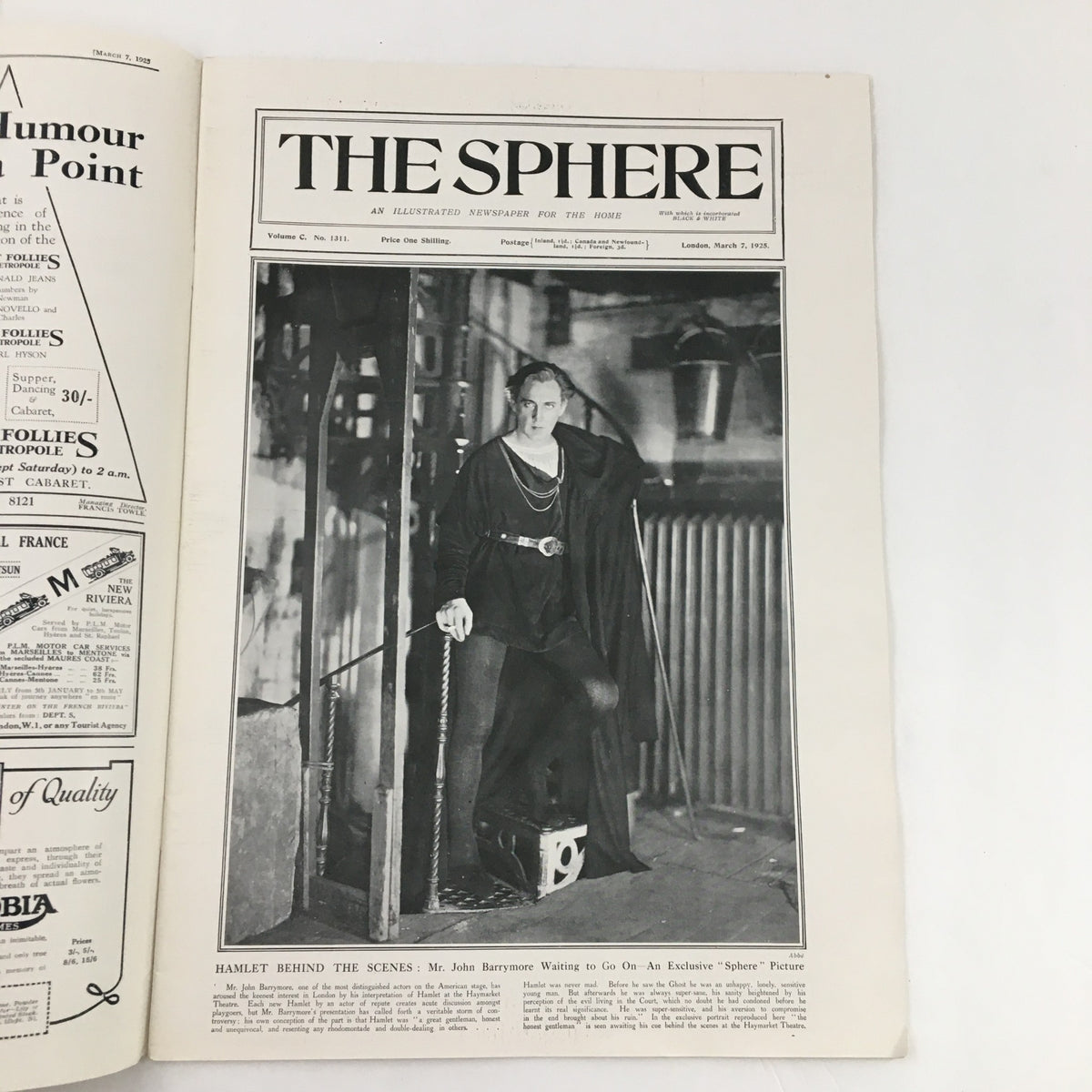 The Sphere Newspaper March 7 1925 featuring Mr. John Barrymore in Hamlet, showcasing a behind-the-scenes glimpse of the production.
