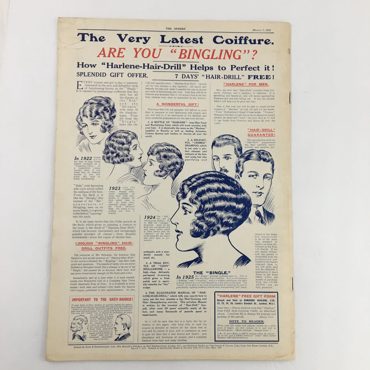 The Sphere Newspaper March 1925 featuring a vintage advertisement for hair care products titled 'Are You Bingling?' highlighting beauty trends.