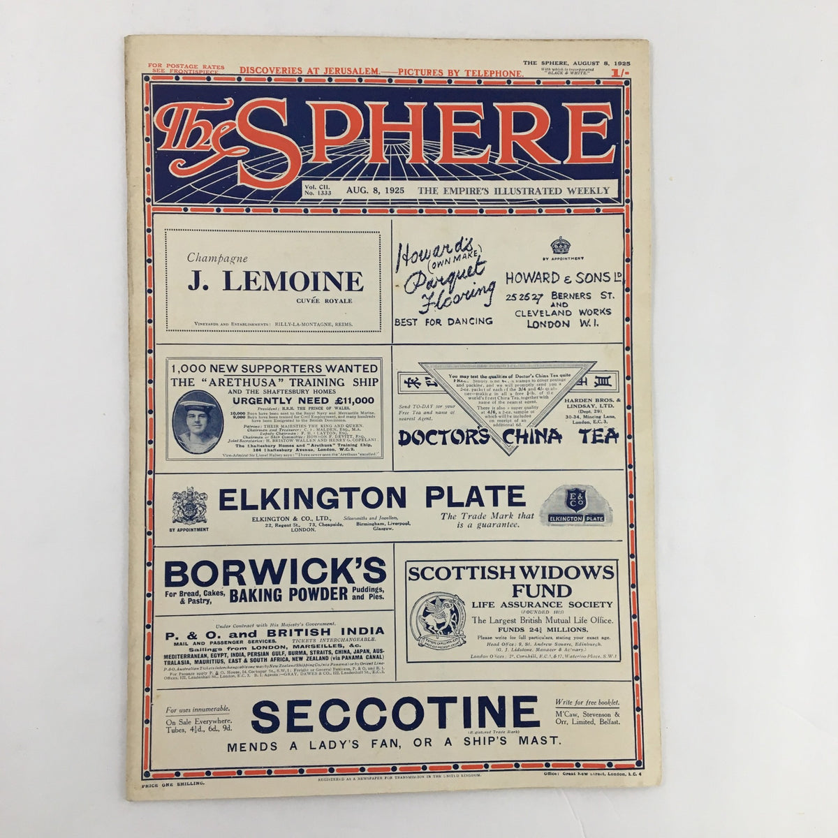 The Sphere Newspaper cover dated August 8, 1925, showcasing advertisements and news of the era, reflecting the cultural context and interests of the time.