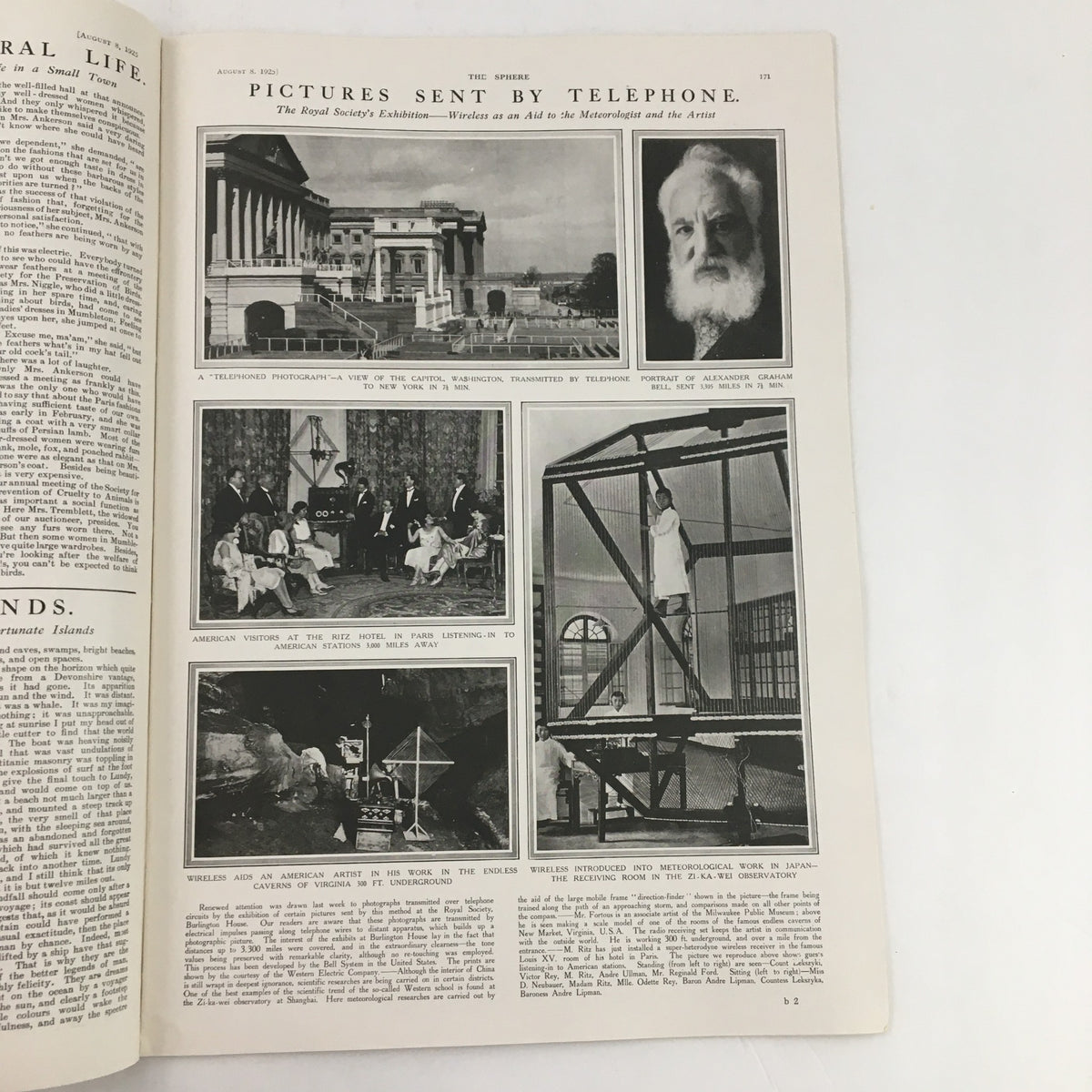 The Sphere Newspaper August 8, 1925 showcasing pictures sent by telephone, featuring various images, including historical figures and significant inventions.