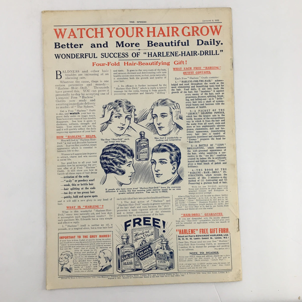 The Sphere Newspaper August 8, 1925 featuring an advertisement titled 'Watch Your Hair Grow,' promoting hair care products with illustrated testimonials.
