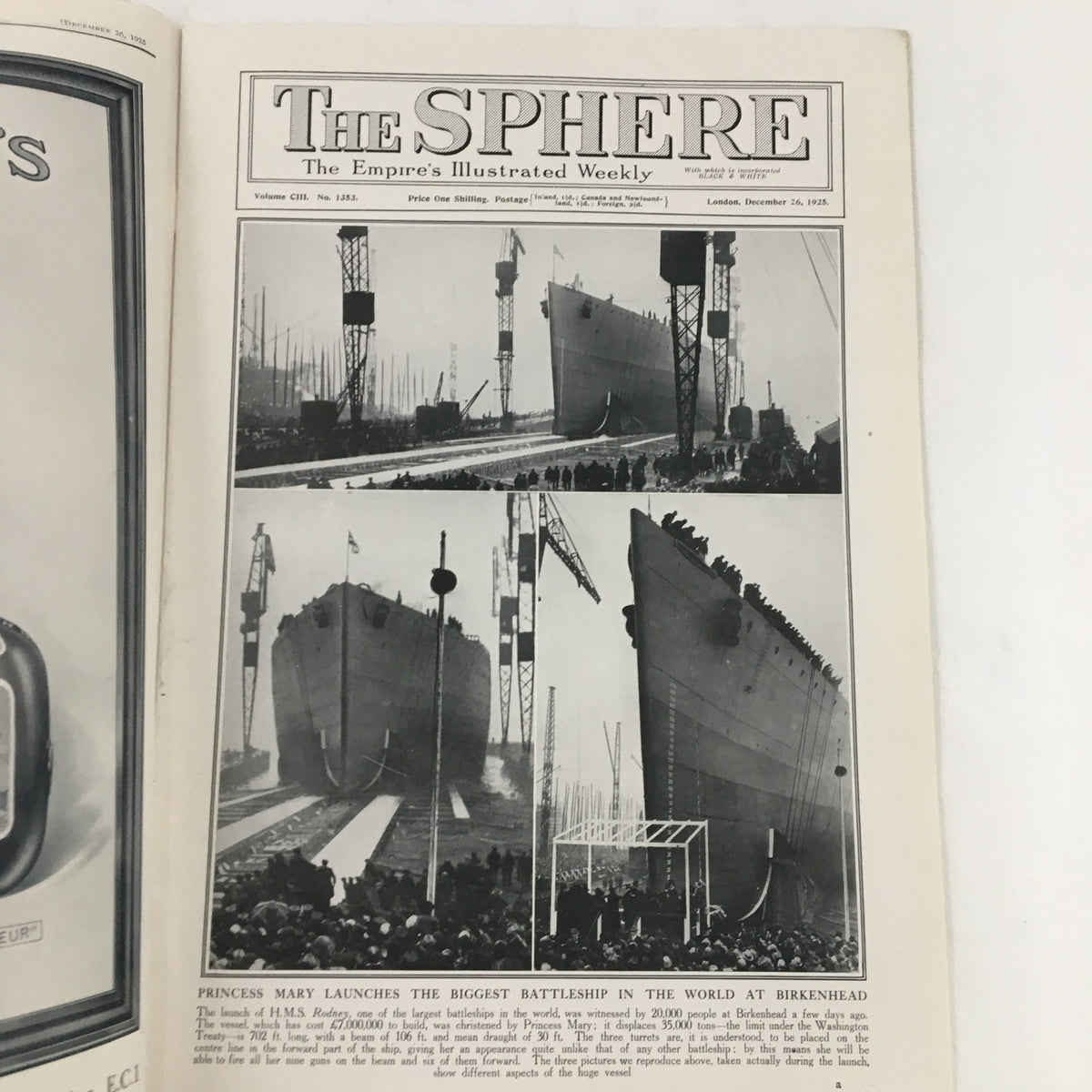 The Sphere Newspaper December 26, 1925, featuring an article about Princess Mary launching the largest battleship in the world at Birkenhead, with detailed historic images showcasing the ship and shipbuilding activity.