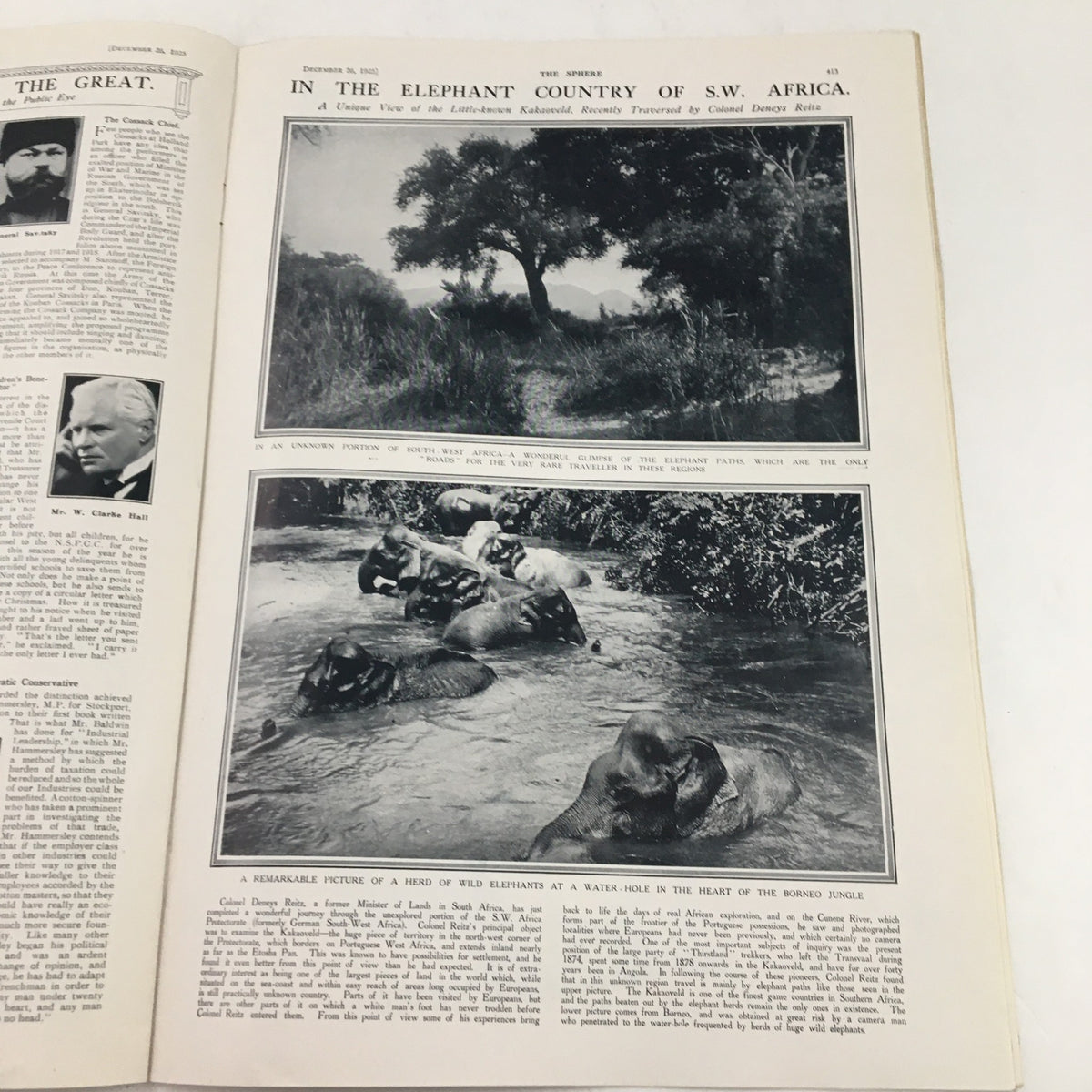 The Sphere Newspaper December 26, 1925 detailing aspects of wildlife in South-West Africa, featuring images of elephants.