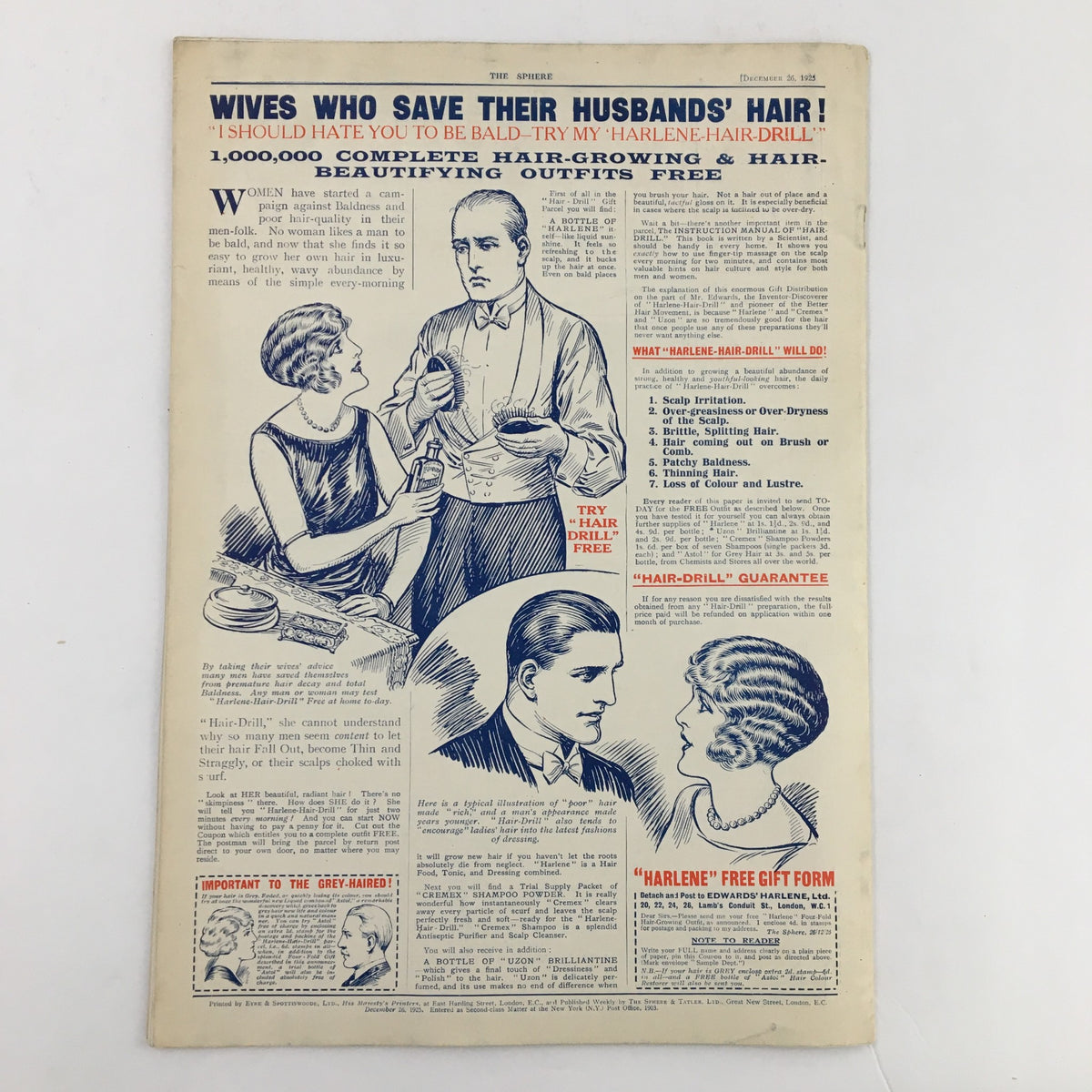 The Sphere Newspaper December 26, 1925 advertisement promoting 'Harlene-Hair Drill' for hair growth and beauty.