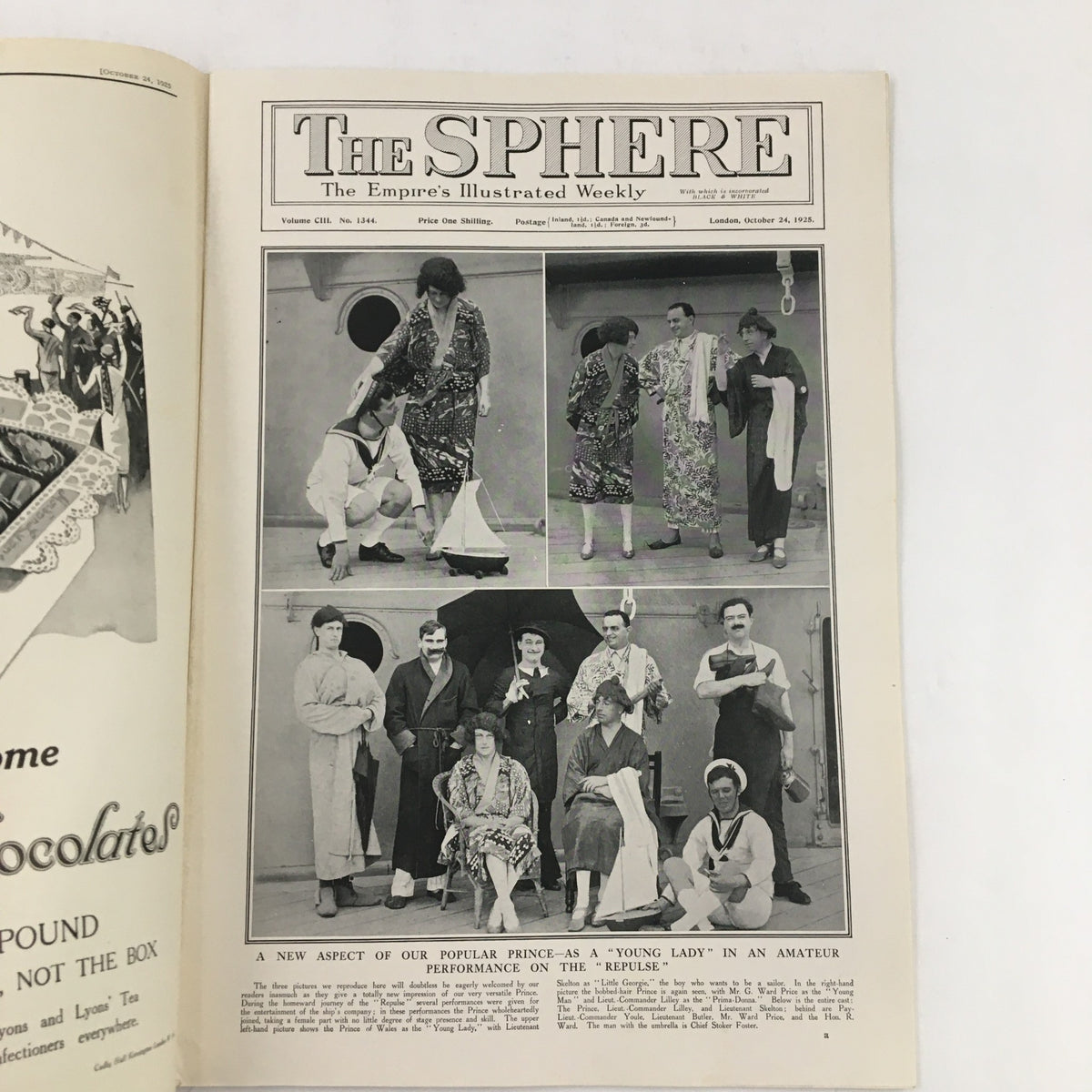 The Sphere Newspaper October 24 1925 featuring a theatrical performance scene titled 'A Young Lady' in an Amateur on 'Refulse'. The image shows performers in period costumes, capturing the cultural essence of the 1920s.