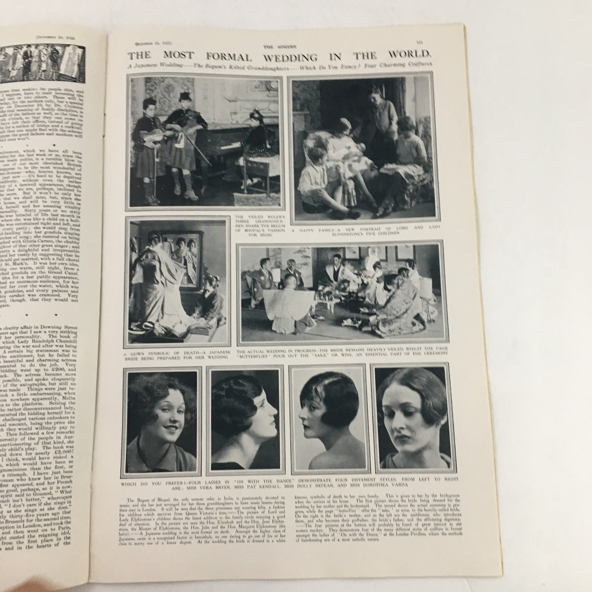 The Sphere Newspaper October 24 1925 presenting an article about the most formal wedding in the world with various images.